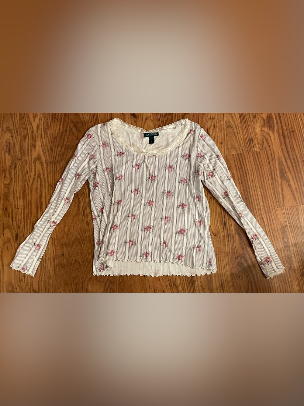 Ralph Lauren White Long-Sleeve Floral & Navy Stripe Scoop Top